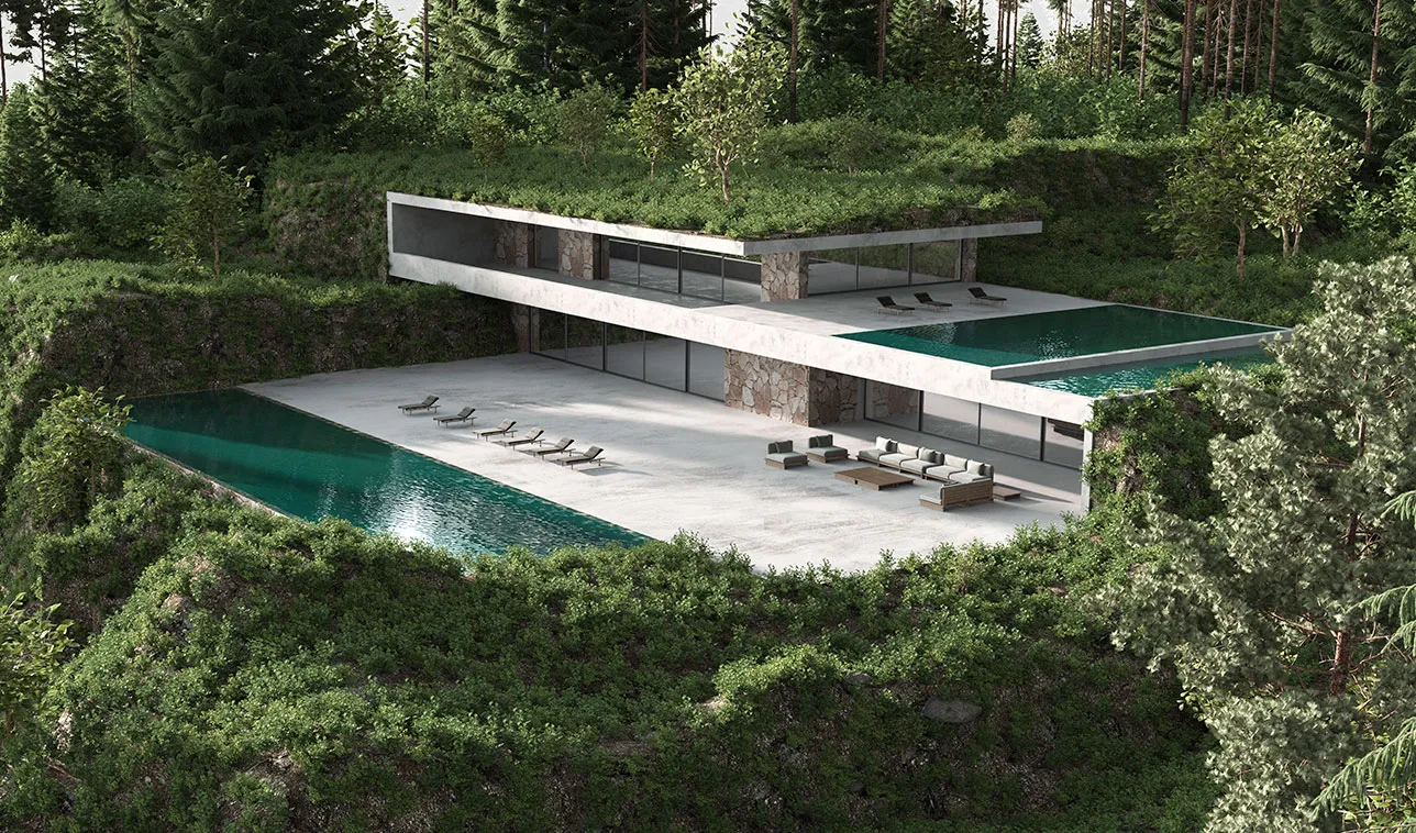 Modern building with terrace pool in the mountains