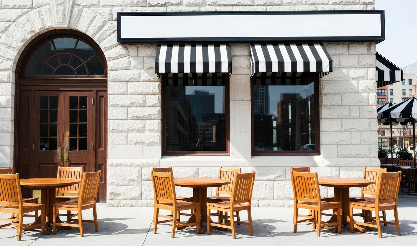 Coffee shop storefront with tables and chairs